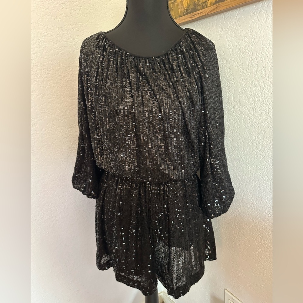 Mustard Seed Black Sequin Long Sleeve Romper - Small NWT